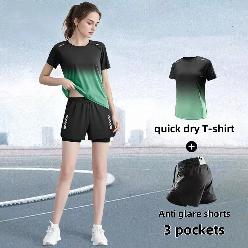 Yoga Fitness Kit - Damen-Sportbekleidungsset, Laufshorts, T-Shirt, Yoga-Bekleidung, dünne Fitness-Badminton-Kleidung,